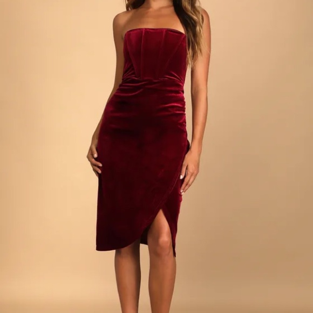 Lulus Glamorous Celebrations Wine Red Velvet Strapless Tulip Dress Size S NWT